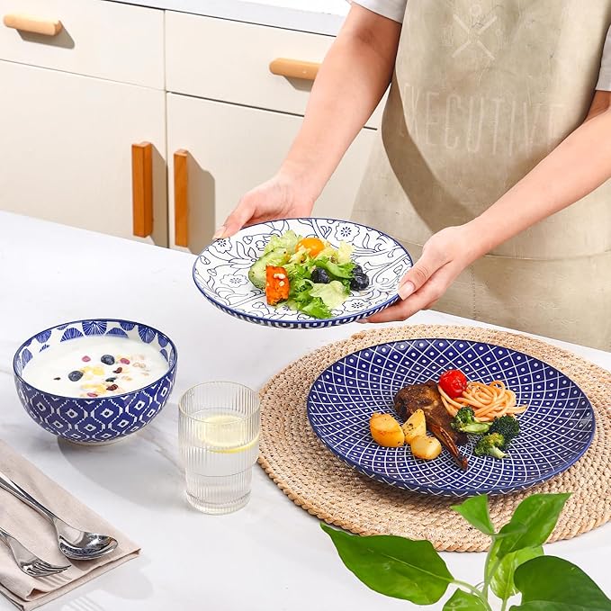 Selamica Ceramic Plates and Bowls Sets,18 Pieces Retro Floral Dinnerware Sets for 6,Dishwasher & Microwave Safe dish set,Family & Holiday Dining, Vintage Blue