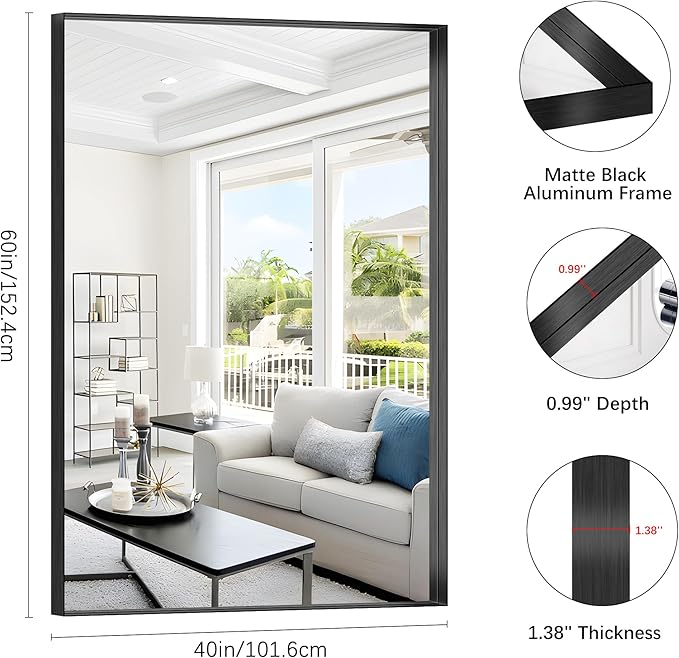 Black Bathroom Mirror, 42x42 Inch Rectangular Framed Mirror, Large Wall Mounted Bathroom Vanity Mirror Over Sink for Bedroom,Restroom, Living Room, Hangs Vertically or Horizontally