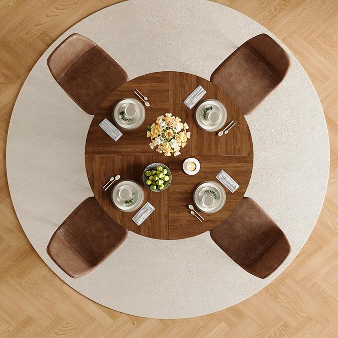 47" Round Dining Table Set for 4, Walnut Wood Grain Table and 4 Brown Suede Upholstered Chairs Set, Mid Century Modern Kitchen Table Set with Cross Legs