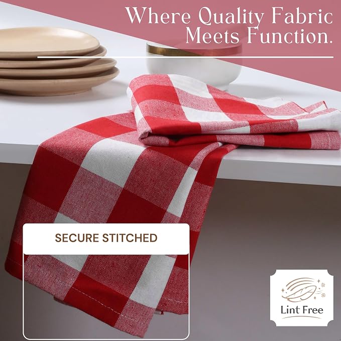 Red Buffalo Check Plaid Kitchen Towels, 12 Pack, 100% Cotton, 16x26 Inches, Super Absorbent, Quick Dry, Soft, Lint-Free, Dish Drying & Cleaning Towels with Hanging Loop, Red and White