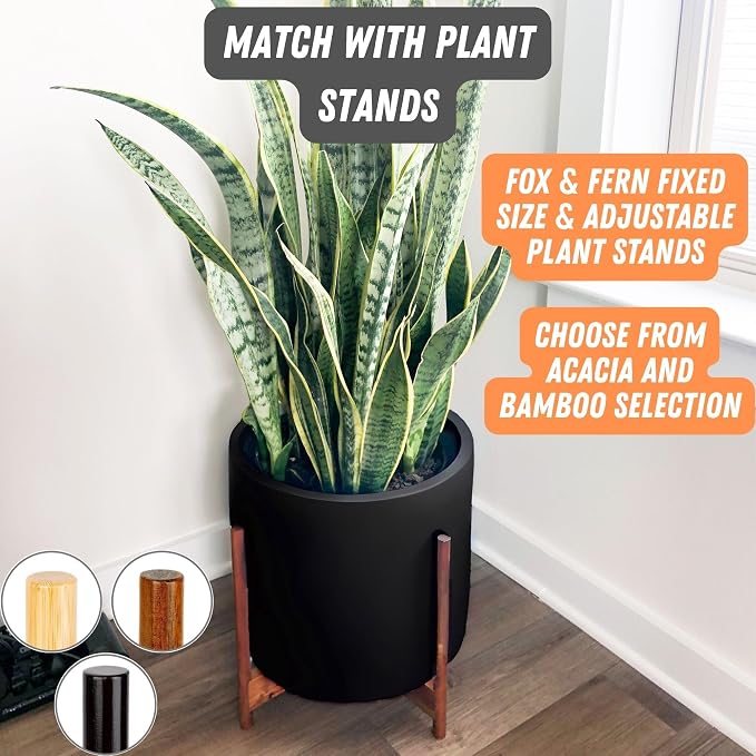 Fox & Fern Large Indoor Planter, Modern Large Plant Pot for Indoor or Outdoor, UV and Frost Resistant - 14.6 Inch, Fiberstone, Matte Black Flower Pot with Drainage Plug, Lightweight