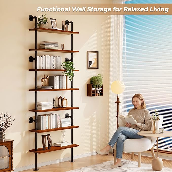 7 Tier Industrial Ladder Shelf Bookcase, Wall Mounted Rustic Bookshelf for Living Room Decor and Storage (Walnut Color, 7 Tier - 10" D x 36" W x 95.5" H)