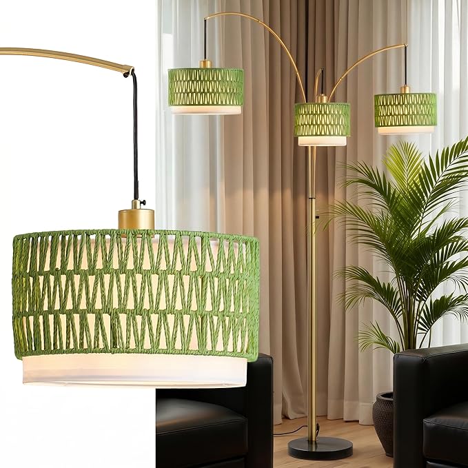 Gold Rattan Floor Lamp for Living Room, 80 Inch Tall Boho Floor Lamp with Rotary Switch, 3 Lights Arc Lamp with Green Wicker Shade for Coastal,Bohemian,Tree Farmhouse Standing Lamp