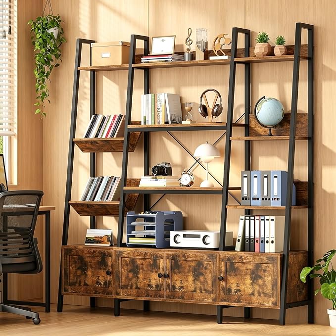 kepptory Large Ladder Bookshelf with 3 Storage Cabinets, Triple Wide 4-Tier Open Bookcase with Storage for Living Room, Bedroom, Home Office, Rustic Brown