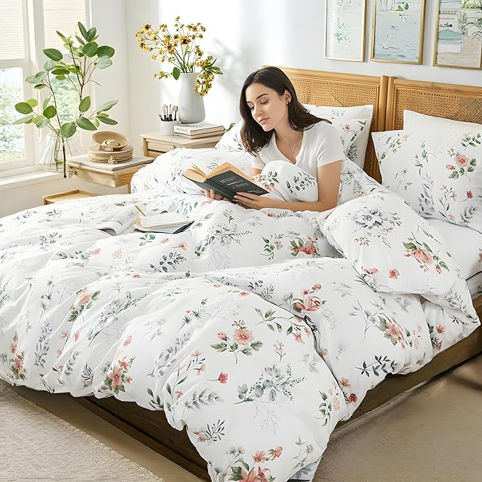 Floral King Duvet Cover, 100% Cotton 3 Pieces Floral Bedding Sets with Zipper Closure Vintage Style Garden Comforter Cover, Soft Breathable, Lightweight