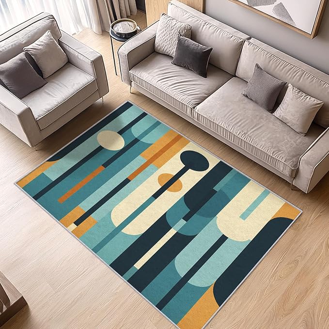 Mid Century Rug 5x6, Washable Modern Geometric Rugs for Living Room Bedroom, Abstract Mid-Century Area Rug for Home Decor, Non Slip Backing Floor Carpet - 5 x 6 ft