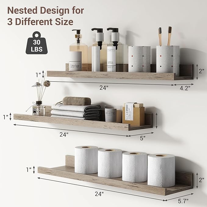 Axeman Picture Ledge Shelf | 24 Inch Grey Floating Shelves Set of 3 | Rustic Grey Wall Shelves with Lip | 24" Picture Shelf for Wall with Ledge | Photo Shelves