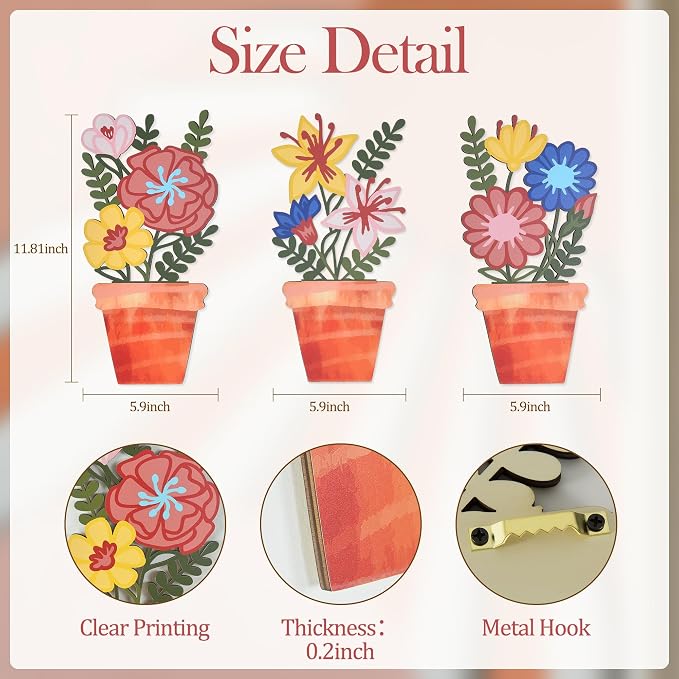 3D Wooden Floral Wall Decor Set of 3, Lightweight Wall Art Decor, Rustic Farmhouse Kitchen Wall Decor, Boho Botanical Wood Wall Art for Living Room, Bedroom, Office, Entryway (Flowers - 11.8 x 5.9 Inch)