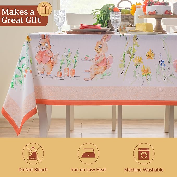 Maison d' Hermine Table Cloth Rectangle Table 100% Cotton 54 x 72 Inches Tablecloth Reusable Decorative for Dining Room Farmhouse Home Valentines Day Decorations Spring Summer - Bunny Party