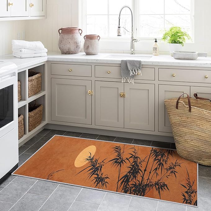 Oriental Bamboo Runner Rug 2x5, Full Moon Sunset Design, Asian Zen Nature Area Rug Washable Hallway Rugs Non-Slip Floor Carpet Runner for Bedroom, Narrow Hallway, Kitchen Aisle