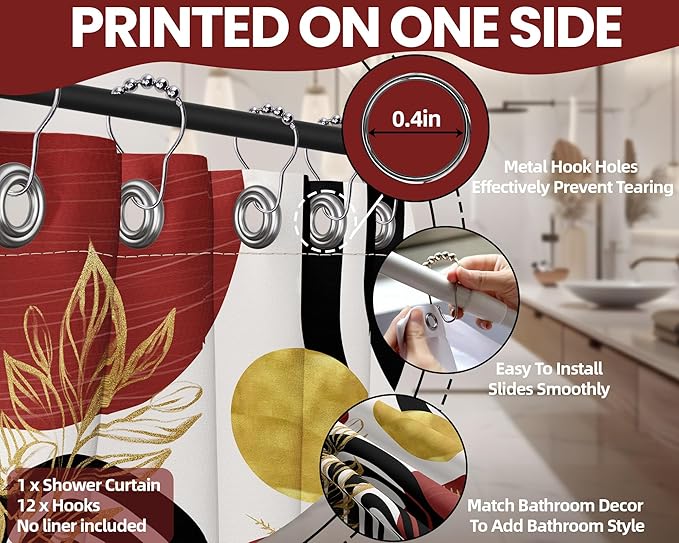 Black and Red Shower Curtain Boho Mid Century Burgundy Dark Red and Gold and White Shower Curtains for Bathroom Decor, Waterproof Cloth Fabric with Hooks, 60" W x 72" L