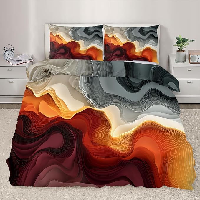 Modern Abstract Duvet Cover Full Size, Orange Abstract Line Art Bedding Set 3 Piece, Colorful Patterned Comforter Cover with Zipper Soft Microfiber, 2 Pillowcases