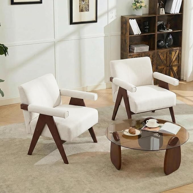 AODAILIHB Mid Century Modern Accent Chair Set of 2, Solid Wood Frame White Linen Armchairs, Modern Reading & Living Room Chairs for Office Guest & Waiting Room