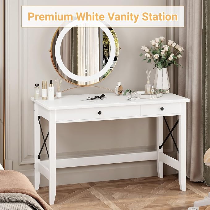 JSB 43.3'' White Computer Desk for Home Office,Farmhouse Executive Desk with 2 File Drawers,Study Writing Table Storage Cabinet,Makeup Vanity Desk for Bedroom (White, 43.3in)