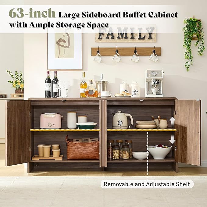 AMERLIFE 63" Fluted Sideboard Buffet Cabinet with Storage, Modern Credenza Console with 4 Doors & Adjustable Shelves, Wood Coffee Bar for Kitchen, Living Room, Hallway, Brown