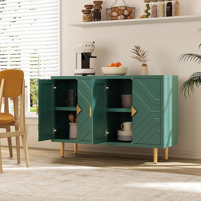 HLR 48" Accent Cabinet with 4 Doors and Shelves, Modern Sideboard Buffet Cabinet with Decorative Embossed Pattern Doors, Credenza Storage Cabinet for Living Room, Kitchen, Dining Room, Hallway