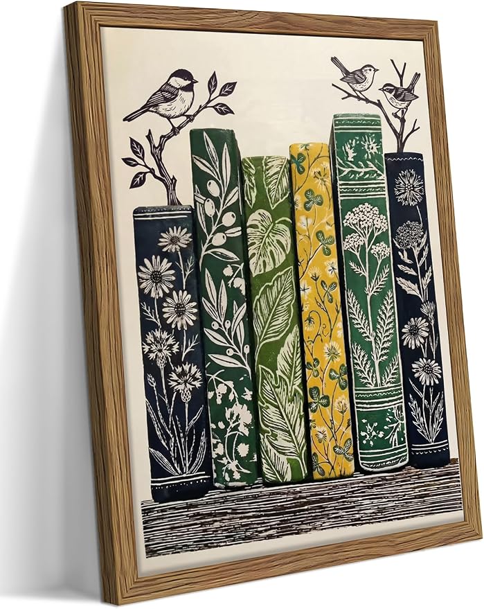 Framed Vintage Botanical Books Canvas Wall Art, Floral Books with Birds Poster Print, Retro Nature Library Reading Gift, Modern Literary Wall Decor for Study Living Room Office 16x24in
