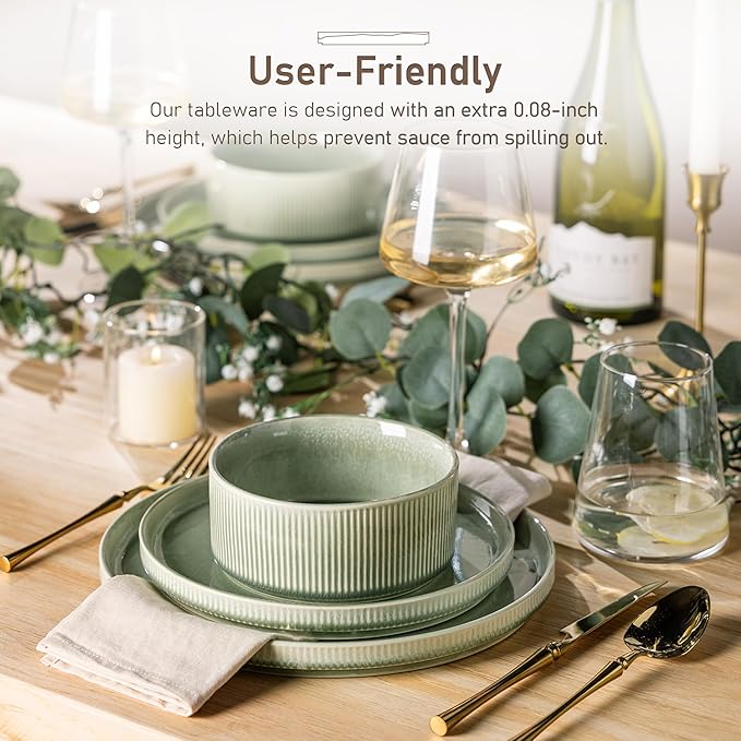 GBHOME 12-Piece Stoneware Dinnerware Set for 4 – Ribbed Ceramic Plates and Bowls, Scratch-Resistant, Microwave & Dishwasher Safe, Reactive Glaze, Light Green