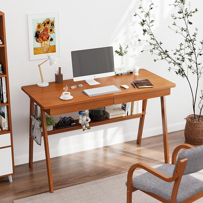 Solid Wood Desk with Drawers - 47.2 Inch Mid Century Modern Desks, Writing Desk with Drawers & Storage Shelf, Home Office Computer Desks for Bedroom & Home, Walnut Color