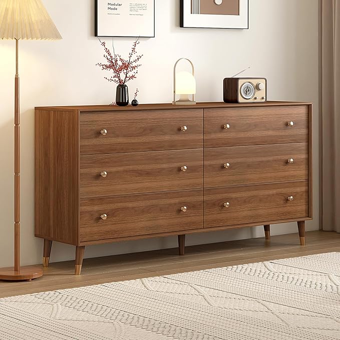 6 Drawer Dresser For Bedroom, 55 Inch Dresser for Closet with Walnut Frame, Modern Solid Wood Chest of Drawers with Natural Texture & Pre-Embedded Slots For TV Stand, Living Room, Hallway, Office