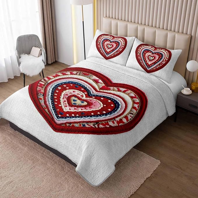 AILONEN Red Knitted Heart Quilt Set Queen Size,Heart Reversible Bedding Sets,Romantic Moment Bedspread Coverlet with 2 Pillowcases,3-Piece,Soft Lightweight Microfiber