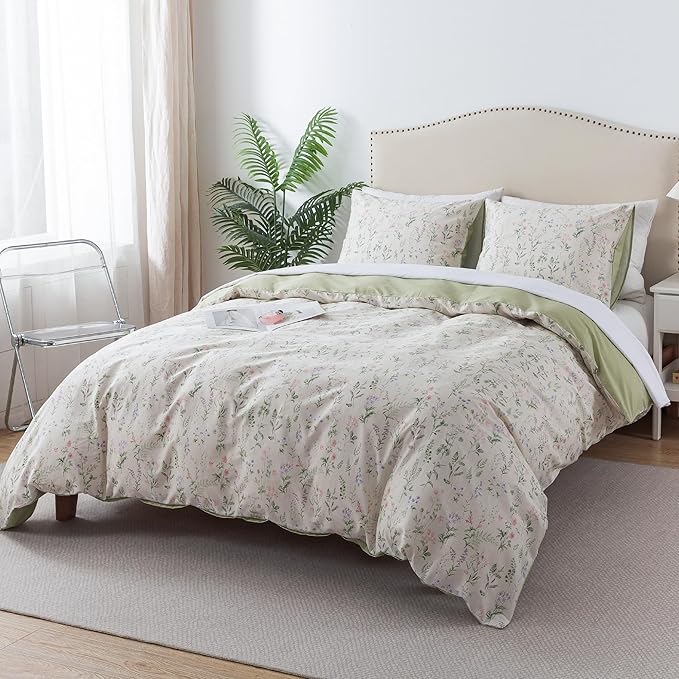 HoneiLife Floral Duvet Cover King - 100% Cotton Comforter Cover, Botanical Bedlinen Set for King Beds, 3-Piece Wildflower Comforter Cover Sets