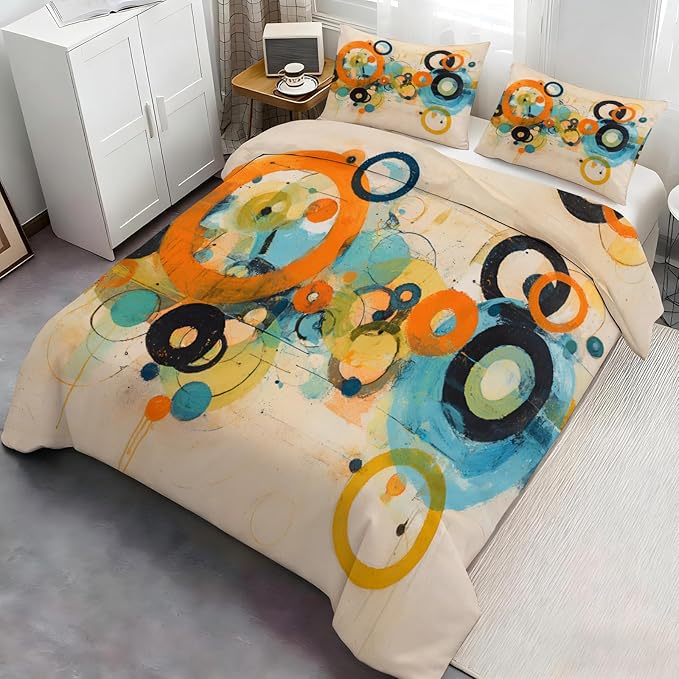 Vintage Geometric Abstract Duvet Cover Full Size, Retro Bohemian Psychedelic Bedding Set 3 Piece, Circle Patterned Comforter Cover with Zipper Soft Microfiber, 2 Pillowcases