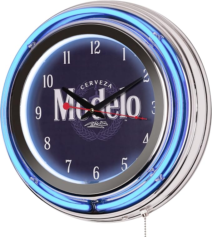 American Art Decor Retro Neon Wall Clock - Round Battery Operated Vintage Analog Clock W/Pull Chain - for Bar, Man Cave, Garage, Arcade, Game Room & More (Modelo, 14.5” x 14.5” x 3.25”)