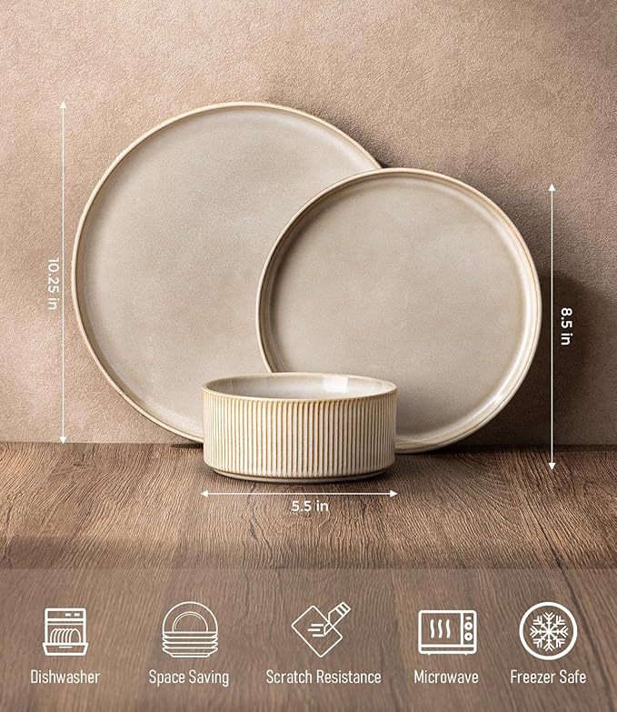 GBHOME 24-Piece Stoneware Dinnerware Set for 8 – Ribbed Ceramic Plates and Bowls, Scratch-Resistant, Microwave & Dishwasher Safe, Reactive Glaze, Cappuccino