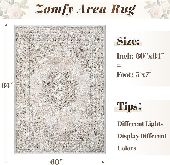 Area Rug 5x7 Vintage Rug: Washable Indoor Medallion Rugs Low Pile Distressed Floor Carpet Retro Accent Rug for Living Room Bedroom Kitchen Dining Table Home Office(Distressed Taupe, 5'x7')