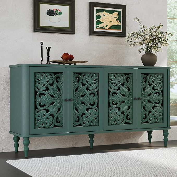 ARTPOWER 63" Retro Arc Carved Sideboard Buffet Cabinet, 4 Craft Doors Wooden Accent Credenza for Living Room, Dining Room, Entryway, Hallway, Green