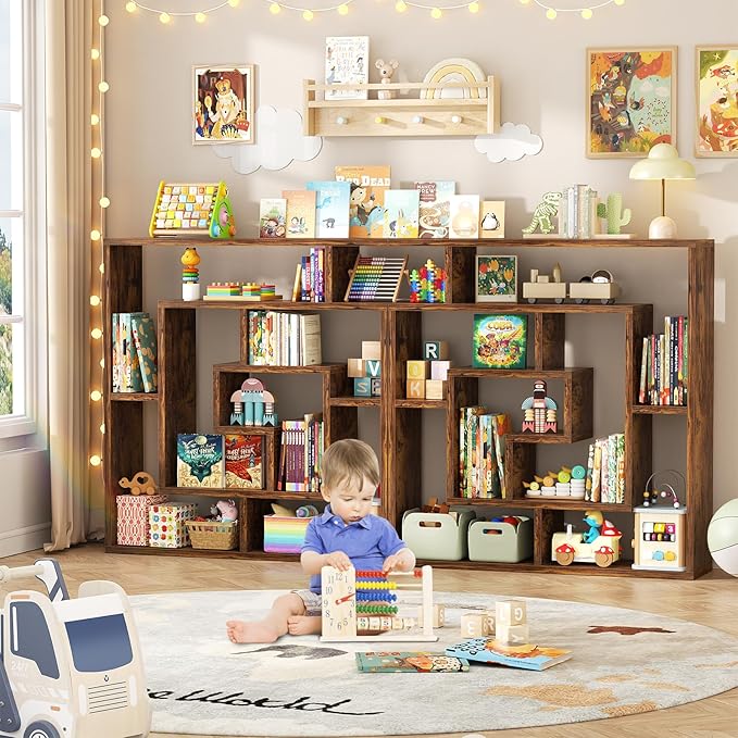 Armocity 6 Tier Display Book Shelf Wall Mounted Bookshelf Freestanding Geometric Bookcase Floating Book Shelves for Wall Bedroom Living Room Home Office, 45.5"(W) * 47"(H), Rustic Brown