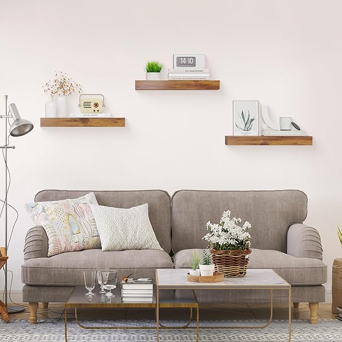 Floating Shelves for Wall Decor Set of 3, 15 Inch Wall Mounted Floating Shelf with Invisible Brackets, Rustic Wood Storage Shelf for Bathroom, Bedroom, Kitchen, Office, or Living Room, Rustic Brown