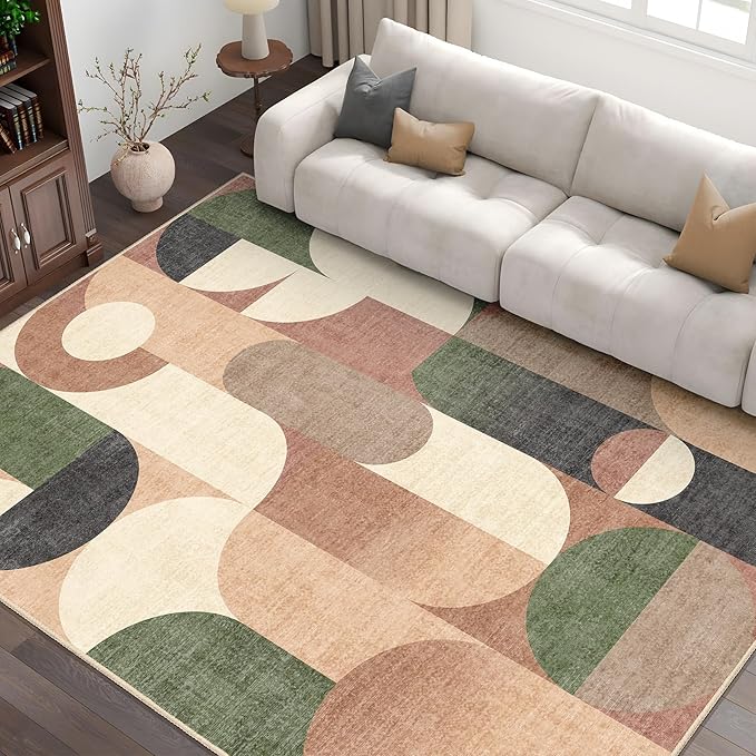 6x9 Area Rugs Modern Washable Rug for Living Room Bedroom,Large Retro Orange Geometric Non Slip Carpet for Kitchen Dining Room