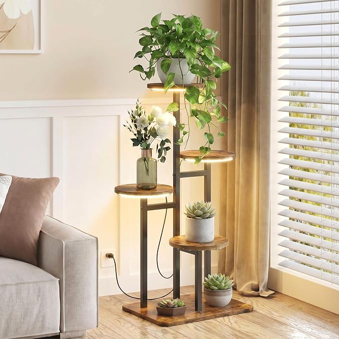 4 Tier Plant Stand Indoor with Grow Light for Multiple Plants | Corner Flower Stand, Vintage Multi-Layer Design, Sturdy Plant Shelf, Space-Saving, Ideal for Living Room Indoor Plant Display