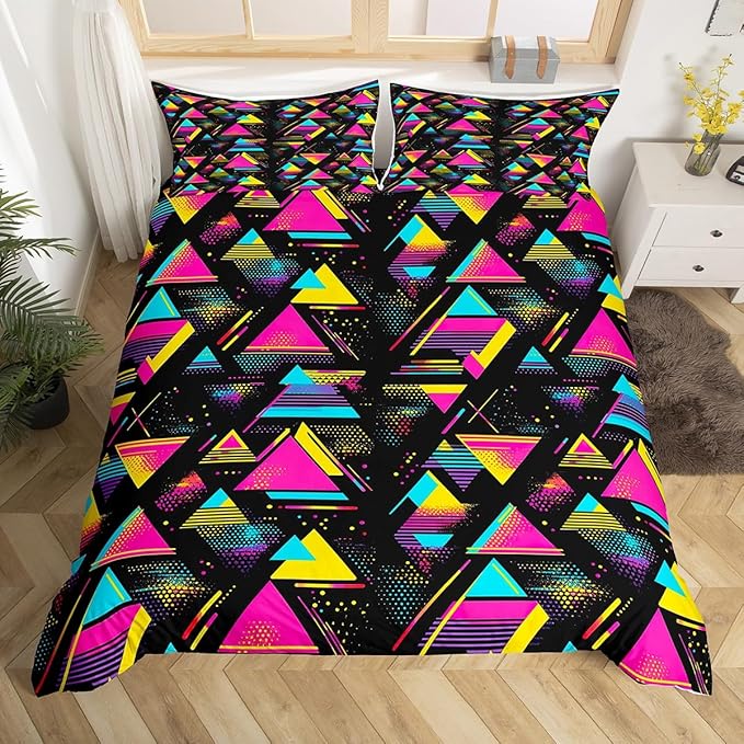 Erosebridal Memphis Pattern Bedding Set Full Size,Retro Decor 80s Duvet Cover Funky 80s 90s Comforter Cover Memphis Style Decor 80s Backdrop 90s Bed Set Retro 80s Bedding Vintage 1980 Party Decor