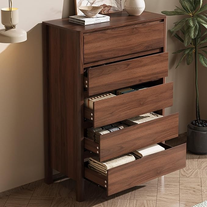 Walnut 5 Drawer Dresser for Bedroom, Modern Tall Dresser with Hidden Handles, Space-Saving Wooden Drawer Organizer, Living Room, or Hallway, Vertical Storage Chest of Drawers, 45.7" H