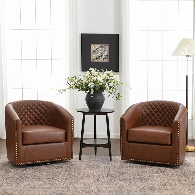 KINWELL 29" Wide Tufted Faux Leather Accent Chairs Set of 2, Small Swivel Barrel Chairs, Modern Round PU Leather Upholstered Armchairs with Nailhead Trim for Living Room Apartment, Brown