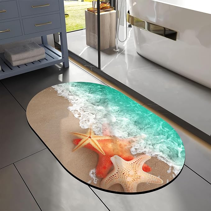 Summer Beach Oval Bath Mat Starfish and Seashell Diatomaceous Mud Mats with Rubber Backing Ultra Soft Washable 23.6"×15.7" Quick Dry Thin Bath Rugs for Bathroom Floor Bathtub Vanity Easy Care