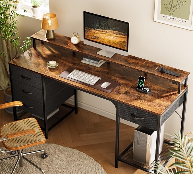 Huuger 63 inch Computer Desk with 4 Drawers, Gaming Desk with LED Lights & Power Outlets, Home Office Desk with Large Storage Space for Bedroom, Work from Home, Rustic Brown