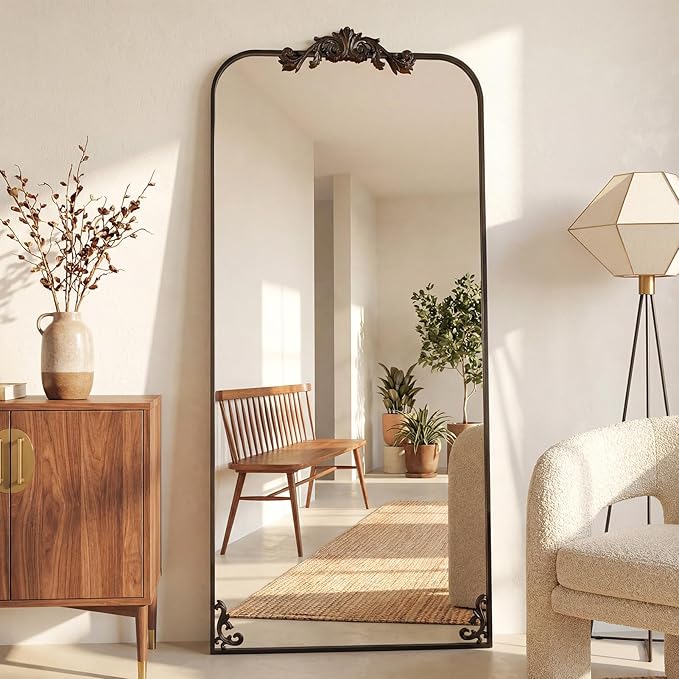 Antok Arched Full Length Mirror, 32"x71" Floor Mirror with Carved, Full Body Mirrors for HomeDecor, Large Wall Mirror with Corner Flower for Bedroom, Living Room, Bronze, Luxury Style