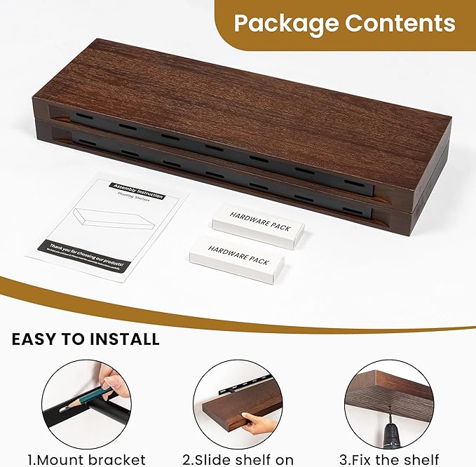 RICHFOCUS Rustic Wooden Floating Shelves for Wall - 24 Inch Wood Shelves Set of 2-7.9 Inch Deep Solid Paulownia Wood Wall Mounted Shelves with Upgraded Metal Brackets for Room Decor, Walnut