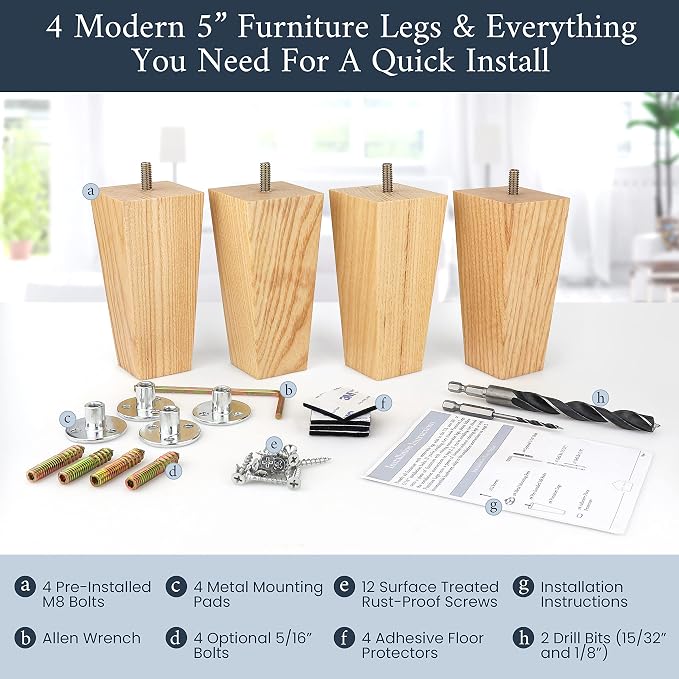 Airy Abode Premium Ash Wood Square Furniture Legs (Full Install Kit) - Pick Your Size and Color