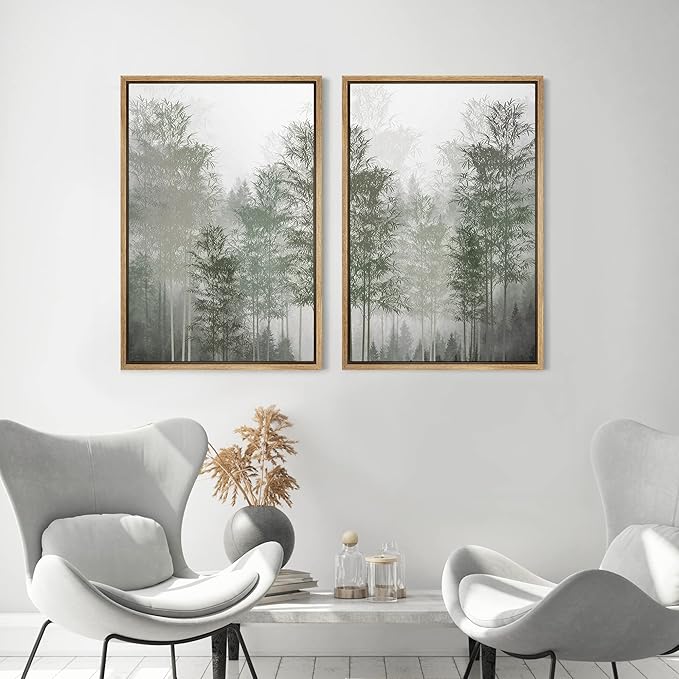 MUDECOR Framed Canvas Print Wall Art Pastel Watercolor Misty Fog Forest Tree Wilderness Nature Illustrations Modern Art Decorative Calm/Relax Multicolor Rustic Minimal for Bedroom - 24"x36"x2 Natural