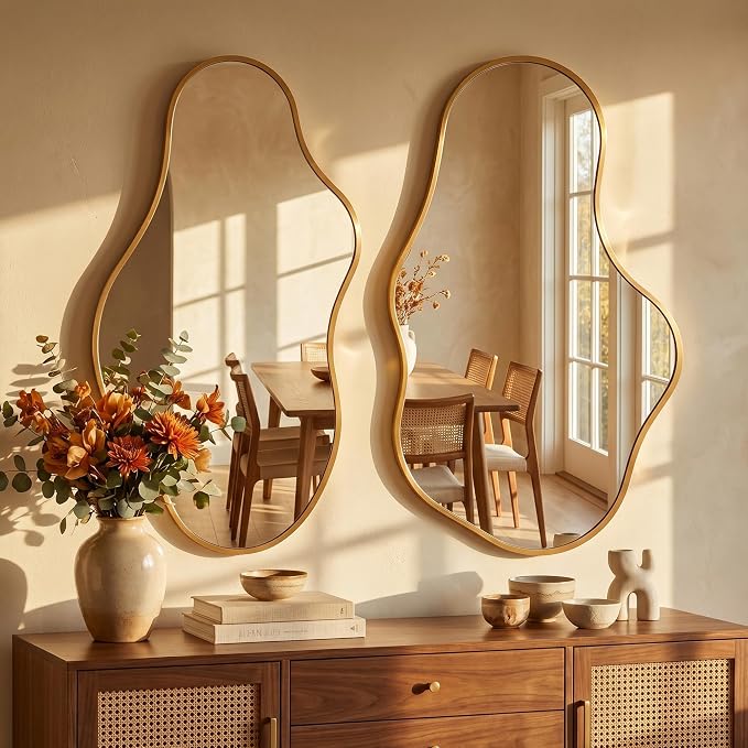Dorlicecass Irregular Wall Mirror - Wall Mirrors Decorative 22"x 36" Asymmetrical Abstract Mirror Aviation Aluminum Alloy Frame Unique for Bathroom, Bedroom, Living Room, Cloakroom, Entryway Gold
