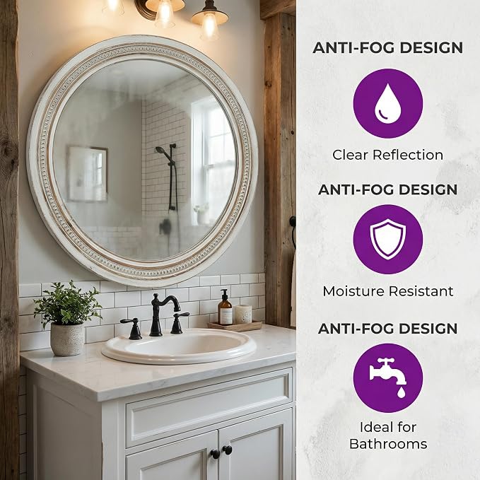 23.62'' Vintage Round Wall Mirror with Ornate Beaded Trim Frame & Pre-Installed Hanging, Decorative Mirror with Large Reflective Surface for Bathroom Bedroom Living Room, Natural