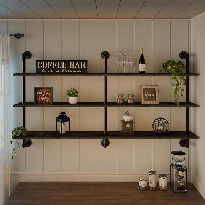 HDDFER Floating Shelves 70 inch Wall Bookshelf Industrial Pipe Shelving Shelves Real Wood Planks Rustic Wall Shelves Hanging Bookshelves Farmhouse Kitchen Bar Shelving