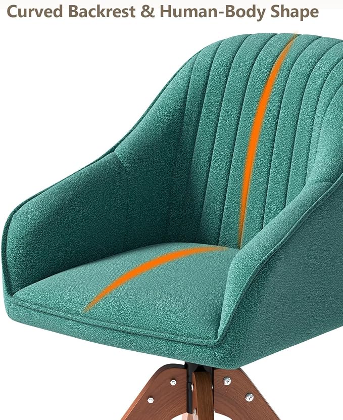 OS MOTOR Modern Swivel Accent Chair with Arms, Upholstered Desk Chair No Wheels, Mid-Century Fabric Armchair with Oak Wood Legs for Home Office, Bedroom, Vanity, Green