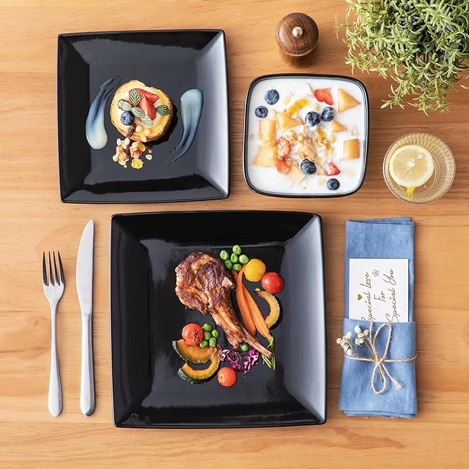 vancasso Soho Dinnerware Sets 12 Pieces, Black Stoneware Square Place Setting, Plates and Bowls Sets, Dinner Plate, Dishes Set for 4