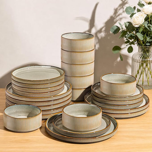 GBHOME 24-Piece Stoneware Dinnerware Set for 8 – Ribbed Ceramic Plates and Bowls, Scratch-Resistant, Microwave & Dishwasher Safe, Reactive Glaze, Reactive Glaze Green Wheat